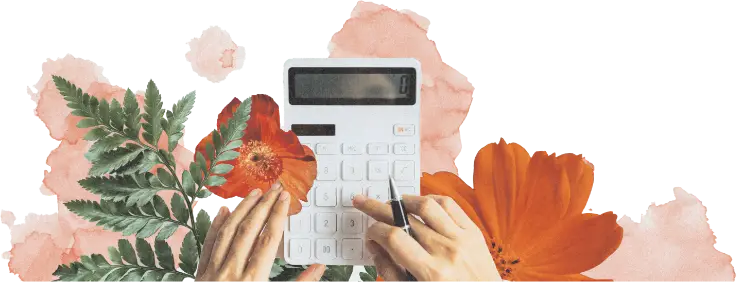 Wizualizacja - kalkulator, roślinność, długopis - przycisk CTA