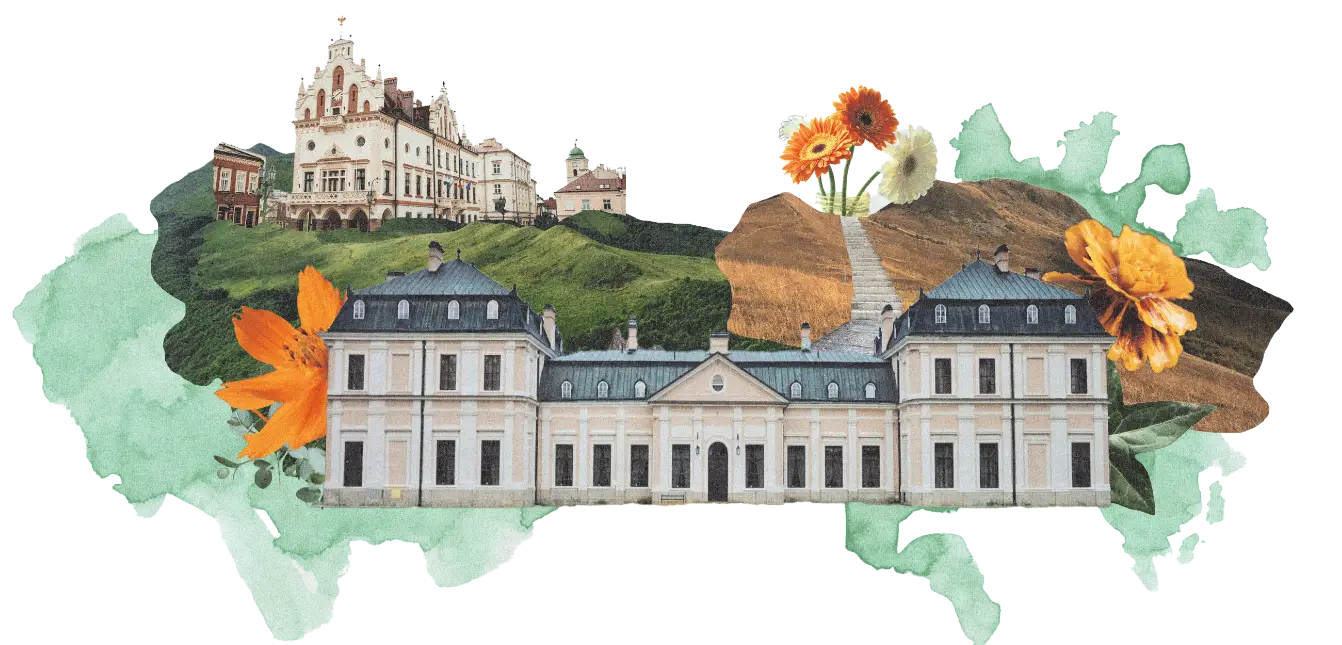 Grafika-kolaż charakterystycznymi obiektami miasta