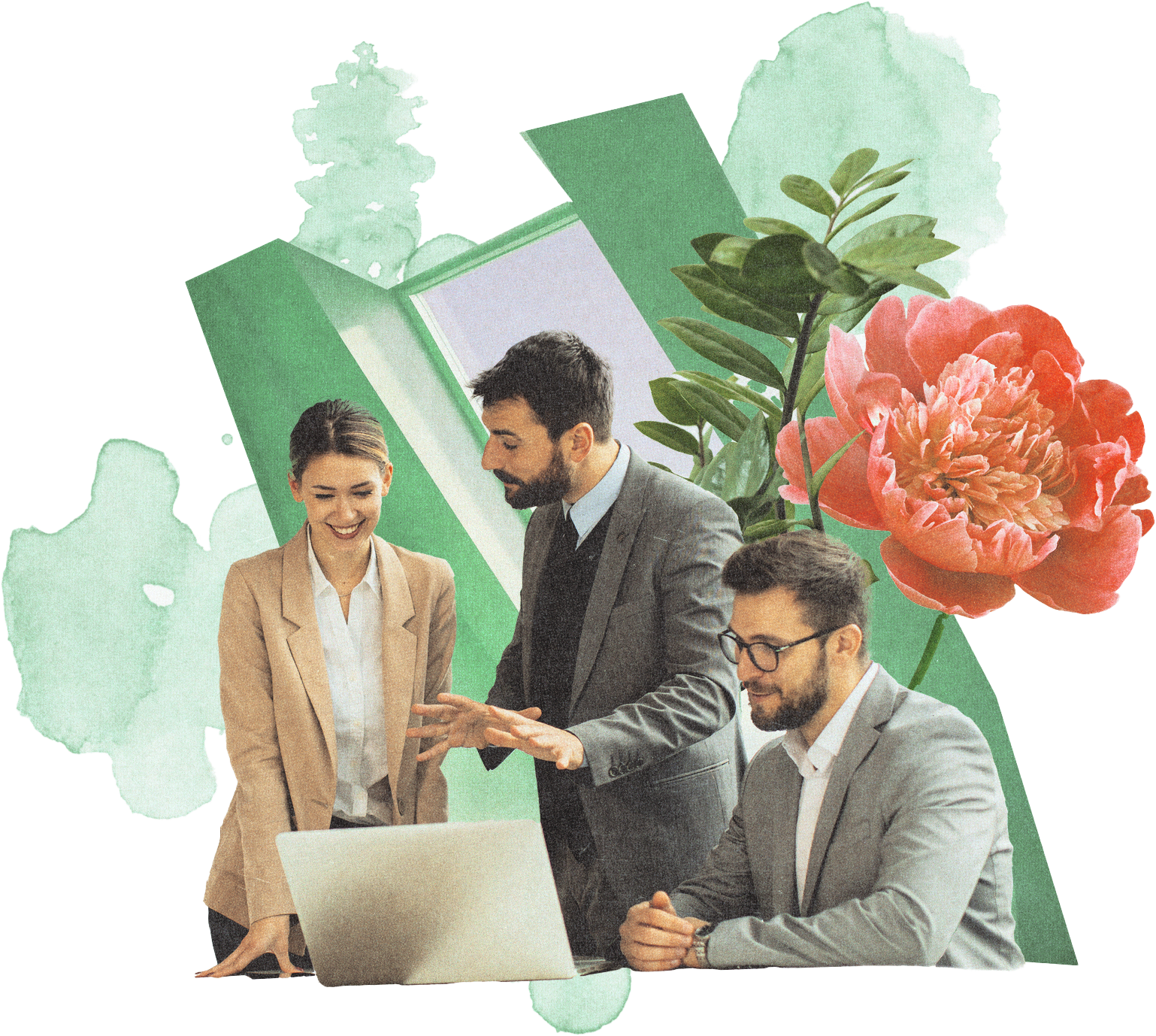 Kolaż pracowników w biurze na tle roślinności