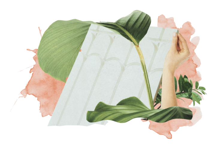 Kolaż - wizualizacja suchego ogrzewania podłogowego wśród roślinności