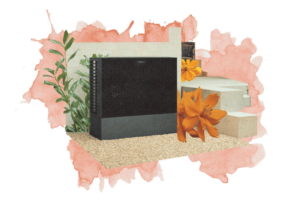 Kolaż - pompa ciepła na zewnątrz budynku