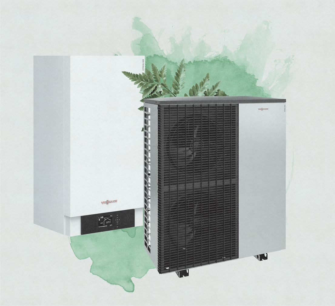 Kolaż - systemy ogrzewania - pompa ciepła i piec