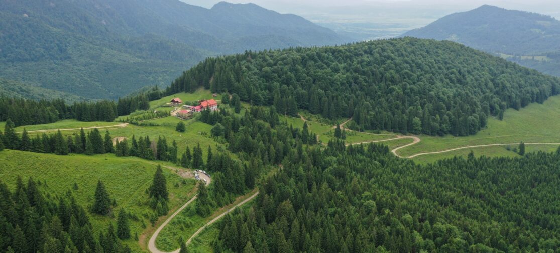 Chalet in the middle of nature surrounded by mountains and trees, fresh and clean air, landscape