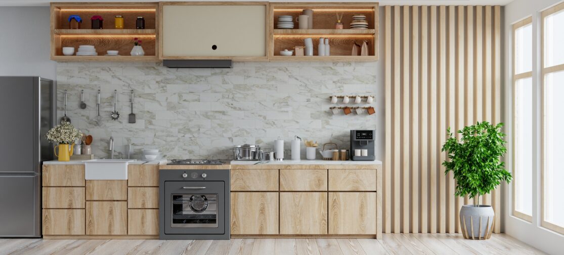 Nowoczesna kuchnia z nieprzestawnymi meblami zamontowanymi na stałe