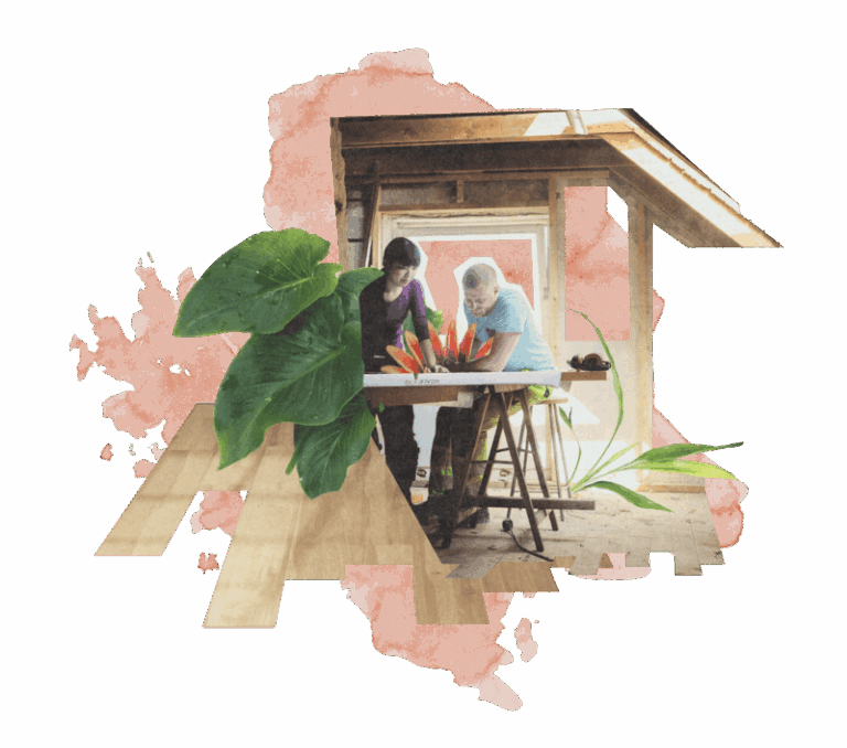 Wizualizacja - dwoje ludzi nad stołem kreślarskim planuje montaż ogrzewania podłogowego